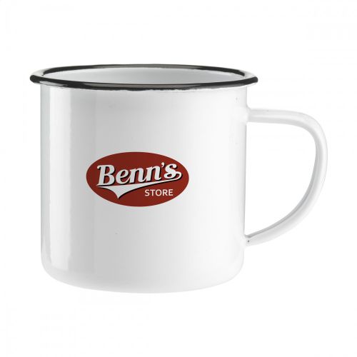 Emaille mok wit met gekleurde rand 35 cl.bedrukken Emaille mok wit met gekleurde rand 35 cl.bedrukken